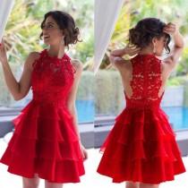 wedding photo -  Red Short Lace Prom Dresses Graduation A Line Sleeveless Tiered Ruffles Homecoming Dress Jewel Neck Cheap Formal Party Prom Gowns Online with $88.2/Piece on Hjklp88