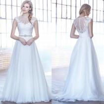 wedding photo -  New Arrival Lace Wedding Dresses 2016 Tulle Garden Appliques Beads Sweep Train Capped A-Line White Bridal Gowns Ball Custom Made Online with $103.27/Piece on Hjklp88's Store 