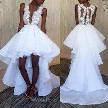 wedding photo -  Spring High Low 2016 Lace Wedding Dresses Chiffon Garden White Sexy Cheap Appliques Bridal Ball Gowns Sheer A-Line Vestido De Noiva Online with $108.55/Piece on Hjk