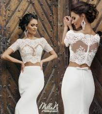 wedding photo -  Sexy Two Pieces Mermaid Wedding Dresses Lace Bateau Neck Short Sleeve Sheer Illusion Garden Satin Mermaid Wedding Bridal Gowns Custom Online with $109.3/Piece on Hjklp88's Store 