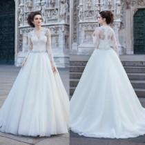 wedding photo -  Vintage Lace Long Sleeve V-Neck Wedding Dresses 2016 Tulle Train A-Line Illusion Winter Beads Sash Cheap Fall Bridal Gowns Ball Custom Online with $105.53/Piece on Hjklp88's Store 