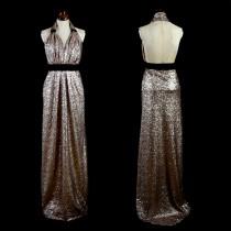 wedding photo - Bronze Gold Sequin Vintage Style Halter Gown Dress - Size Medium - FREE SHIPPING WORLDWIDE