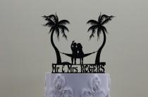 wedding photo - Beach Wedding Cake Topper Personalized with your Surname, Mr Mrs with Palms and a Couple on a Hammock