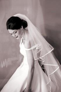 wedding photo - Chapel length drop veil, two-tiered blush veil, long veil, ivory satin edge, bridal veil, wedding veil, ivory veil with comb.