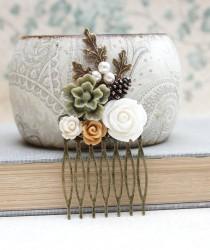 wedding photo - Floral Hair Comb Leaf Comb Neutral Earth Tones Green Flower Hair Accessories Cream Rose Fall Autumn Woodland Wedding Pine Cone Nature Forest