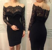 wedding photo -  Black Short Sheath Dresses with Lace Sheer Illusion Long Sleeves 2016 Cocktail Off the Shoulder Knee-length Occasion Gowns Party Online with $90.46/Piece on Hjklp88's Store 