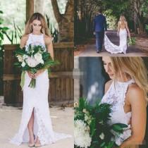 wedding photo -  Sexy Bohemia Lace Wedding Dresses Hollow Back Spring Font Split Withl Train Mermaid 2016 Cheap Outdoor Garden Beach Bridal Wedding Gowns Online with $107.04/Piece o