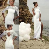 wedding photo -  Spring Lace Mermaid Wedding Dresses 2016 Hollow Illusion Sheer Crew Neck Half Sleeves Corset High Side Slit Bridal Gowns Full Length Online with $104.78/Piece on Hjklp88's Store 