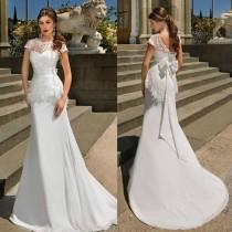 wedding photo -  Vintage Lace 2016 Sheer Wedding Dresses Cap Sleeves Big Bow Chiffon Garden Spring Robe De Mariage Long Beach Bridal Dress Gowns Custom Online with $104.78/Piece on Hjklp88's Store 