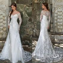wedding photo -  New Arrival 2016 Sheer Satin Wedding Dresses Overskirts Off Shoulder Long Sleeves Full Lace Wedding Gowns Vintage Long Beach Bridal Dress Online with $110.81/Piece 