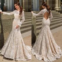 wedding photo -  Modest Mermaid Wedding Dresses Bodice Fitted Long Sleeve 2016 Hollow Back Trumpt Ivory Lace Sweep Train Bridal Dress Gowns Custom Online with $110.81/Piece on Hjklp