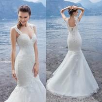wedding photo -  2016 Newest Mermaid Beach Wedding Dresses Spaghetti Neck Sleeveless Lace Wedding Gowns Sweep Train Lace-Up Plus Size Long Bridal Dress Online with $102.52/Piece on 