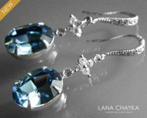 wedding photo -  Blue Oval Crystal CZ Earrings Swarovski Denim Blue Rhinestone Silver Earrings Dark Blue Crystal Dangle Earrings Bridal Bridesmaids Jewelry