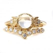 wedding photo - Diamond and Moonstone Engagement Ring Set - Moon Phase Wedding Rings - Yellow, Pink or White Gold
