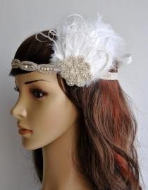 wedding photo - Vintage Inspired rhinestone feather headband, Art deco 1920s design,The Great Gatsby,1920s headpiece,1930's, Feather, Crystal headband