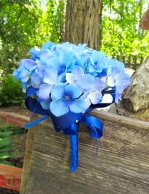 wedding photo - Blue Bridesmaid Bouquet. Hydrangea Wedding Bouquet. Blue Silk Bridal Flowers. Dark Sky Blue Bouquet. Silk Flower Wedding Bouquet