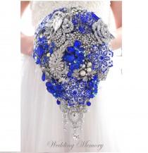 wedding photo - BROOCH BOUQUET. Waterfall cascading DESIGN with pearls in royal blue and ivory