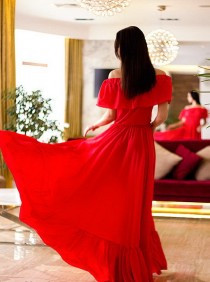 wedding photo - Long Red Dress,Evening Dress,Open Shoulders Dress,Flared Dress,Floor Length Dress,Wedding Event Dress,Chiffon Dress,Bridesmaid Summer Dress