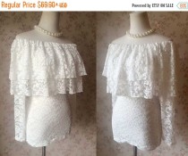 wedding photo - Chic Ivory White lace top, Women Lace Shirts, Custom Wedding Women Topper, Long sleeve Off shoulder top for wedding party - plus size(B883)