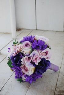 wedding photo - Silk bridal bouquet, purple roses, gerbera daisies, lavender hydrangeas