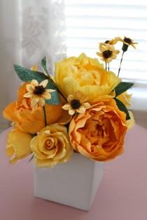 wedding photo - 1 yellow shade peonies centerpiece - paper flowers -wedding centerpiece - peonies centerpieces- bridal bouquet- crepe paper peonies