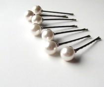 wedding photo - Large Hair Pin Pearls, White Swarovski, Modern Wedding Hairpins 14mm