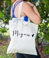 wedding photo - Personalized Bag Gift for Bridesmaids, Tote Bags Canvas w/Striped Ribbon Gift for Wedding Bridal Party, Birthday Gift ( Item - BPN300)