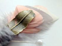 wedding photo - OMBRE Feather Boutonniere in Ivory, Blush, Grey and Coral with Brass Feather