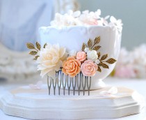 wedding photo - Peach Wedding Hair Comb, Blush Wedding Bridal Hairpiece, Ivory Peach Flower Hair Accessory, Bridal Party Gift, Garden Wedding Large Comb