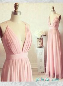 wedding photo -  PD16093 simple plunging v neck pink boho maxi long dress prom gown