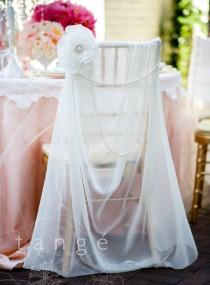 wedding photo - Lovely Ivory Chiffon Chiavari Chair Cover with Pearl Brooch Flower with Pearl or Crystal Draping, fancy chair cover, chair sash, bride