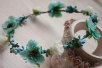 wedding photo - Teal Flower Crown, Bun Crown, Turquoise Flower Headband - ballerina headband-Festival Flower Crown-Beach Flower Crown