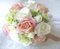 wedding photo - Wedding bouquets and boutonnieres 7 piece set silk bridal bouquets pink blush roses creme white roses green hydrangea