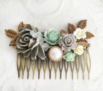 wedding photo - Mint Green Grey Wedding Hair Comb Rustic Bridal Hair Slide Romantic Floral Comb Seafoam Wedding Hair Pin for Bride