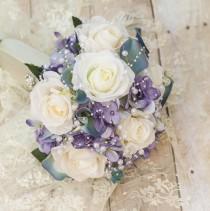 wedding photo - Blue and Purple Bridal Bouquet ~ Pearl Rose Bouquet ~ Romantic Bridal Bouquet ~ Roses, Calla and Hydrangea Blue Brooch Bouquet Alternative