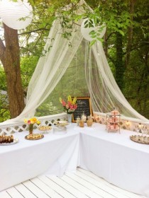 wedding photo - Tables Set Up On Deck With A Lace Canopy And Hanging Lanterns. Pretty Idea For A Vintage Tea Party/bridal Shower.