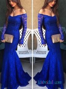 wedding photo -  PD16095 Elegant royal blue long sleeved lace sheath prom evening dress
