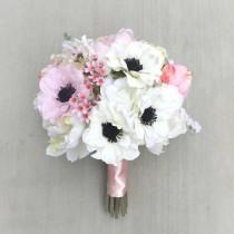 wedding photo - Pink Anemone Silk Wedding Bouquet with Pink & White Anemones, Peonies and Wax Flowers