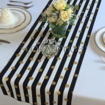 wedding photo - White and Black Striped with Gold Dots Table Runner Wedding Table Runner