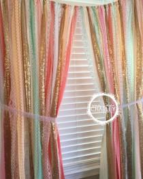 wedding photo - Sherbet blends with Gold Sparkle Sequin Garland Curtain with Lace - Nursery Decor, Curtain, Crib Garland, Window Treatment