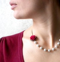 wedding photo - Burgundy Necklace Pearl Bridesmaid Necklace Rose Wedding Jewelry Flower Bridal Necklace White Beadwork Necklace Maid Of Honor Necklace