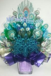 wedding photo - NEW PEACOCK Candy Bouquet Centerpiece LIMITed ADDITION -3D Glittered Peacock Body & Feather! Rehearsal Dinner -Engagement -Wedding