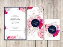 wedding photo - Floral Watercolour Wedding Invitation Suite // Pink and Navy // Digital DIY Invitations