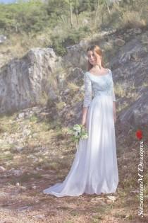 wedding photo - Long Wedding Dress, 50s Wedding Gown, White Bridal Dress, Blue Lace Dress, Chiffon Wedding Gown, Long Bidal Dress, Handmade Wedding Dress