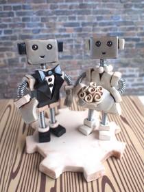 wedding photo - Custom Robot Wedding Cake Topper MADE TO ORDER Rustic Shabby Chic Bots 4" inch - Clay and Wire