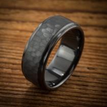wedding photo - Men's Wedding Band Comfort Fit Interior Hammered Black Zirconium Ring