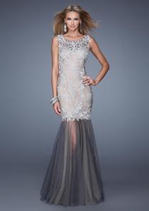 wedding photo -  Appliques Scoop Open Back Tulle Ruched Floor Length Sleeveless Grey Blue
