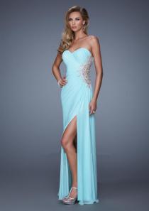 wedding photo -  Blue Sleeveless Ruched Split Front Sweetheart Chiffon Appliques Floor Length