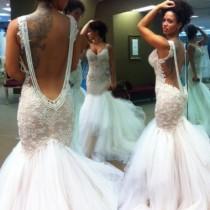 wedding photo - Sexy Mermaid Backless Wedding Bridal Gown Dress with Lace