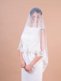 wedding photo - LACE bridal veil, two layer veil with blusher, circular cut veil, wedding bridal veil, scallop shaped wide lace trim,  drop veil